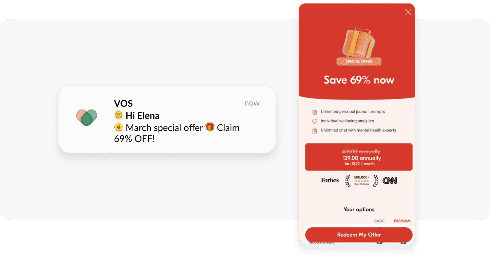 Automated push-notification and in-app from a well-being app